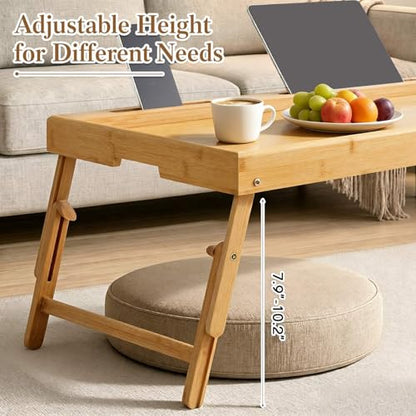 Bamboo Bed Tray Table with Adjustable Height Extra Large Breakfast Food Tray with Folding Legs, Media Slot & Handle, 30.3 x 15 Inch Laptop Desk for Eating, Working, Sofa, Couch, Bed