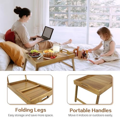 Utoplike Acacia Bed Tray Table for Eating, Large Breakfast Tray with Folding Legs, Wood Serving Trays for Laptop Working - size: Large