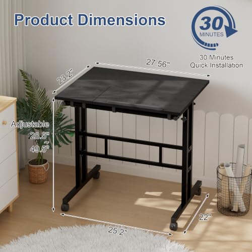 VECELO Mobile Small Standing Desk Adjustable Height, Computer Workstations with Tiltable Tabletop, Lockable Wheels, Portable Rolling Laptop Desk for Home Office, Black - color: Black