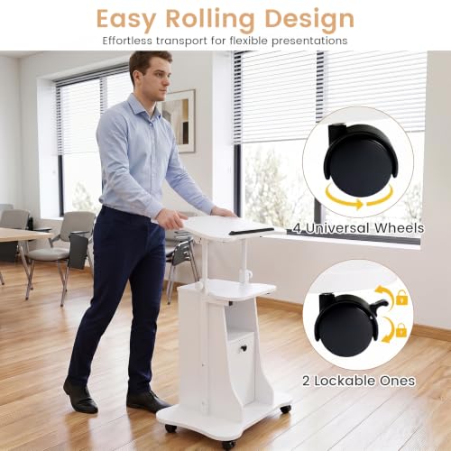 Giantex Mobile Podium Stand, Sit-to-Stand Laptop Cart with Tilting Tabletop & Storage Cabinet, Lockable Casters, Height-Adjustable Rolling Lectern for Classroom, Church, Home Office (White) - color: White