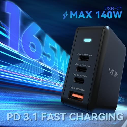 MINIX 165W USB C Charger, 140W PD 3.1 GaN Fast Charging Station for MacBook | 4-Port Travel Power Adapter (US/EU/UK Plugs) for MacBook Pro 16", iPad Pro, iPhone 17 16 Pro Max, Galaxy S25 S24, Steam Deck