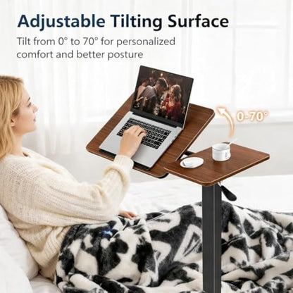 WSA Adjustable Standing Desk with Wheels Pneumatic Height Adjustable Rolling Laptop Desk Tiltable Mobile Computer Workstation Overbed Bedside Table for Home Office Sofa & Hospital Bed (Dark Walnut) - color: Dark Walnut