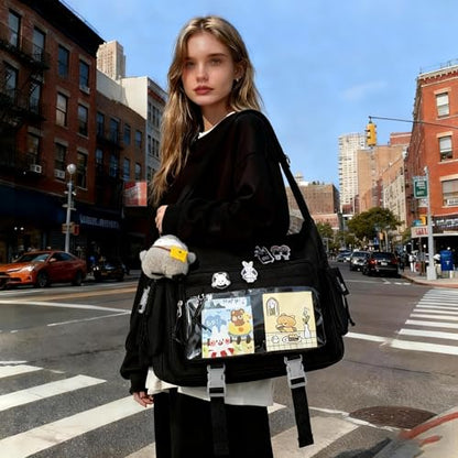 Kawaii Crossbody Ita Bag for Women with Pin and Plush Penguin, Cute Messenger Bag Japanese Crossbody Bag Y2K Purse - color: Black, size: Large-Fit Laptop