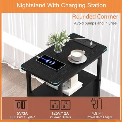 sthmec Narrow End Table with Charging Station, Narrow Side Table with 2 Fabric Drawers, LED End Table, Slim Nightstand with LED Light, Small Side Table for Small Spaces, Living Room, Bedroom, Black - color: Black, size: 7.87'' W x 15.75'' D x 24.37'' H, s