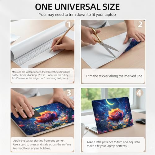 Enchanted Rose Under Moon Night Universal Laptop Skin Sticker 3PCS, Protective Decal Trim-to-Fit 11.6" 13.3" 14" 15.6" Laptop Vinyl Cover, Removable Anti-Scratch Computer Decal Protector - color: Enchanted Rose Under Moon Night