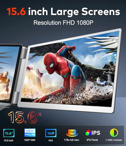 15.6" Laptop Screen Extender, FHD IPS Triple Screen Portable Monitor | Extra Monitor for 13-17.3" Laptops,Travel Tri Screen Compatible with Windows & MacOS-HDMI/USB-C,Plug & Play Extender-S10 - size: 15.6 inches