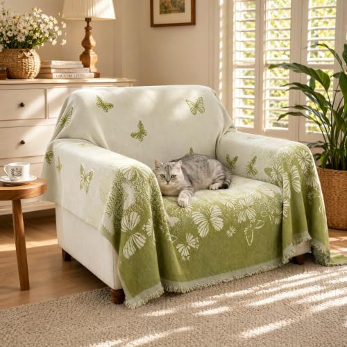 Small Chenille Couch Cover Green Butterfly Reversible Sofa Slipcover with Tassel, Weighted Chair Furniture Protector Blanket for Cat Dog Scratch, Washable Throw for Armchair Single Seat - color: Green Butterfly, size: 71"x 51"