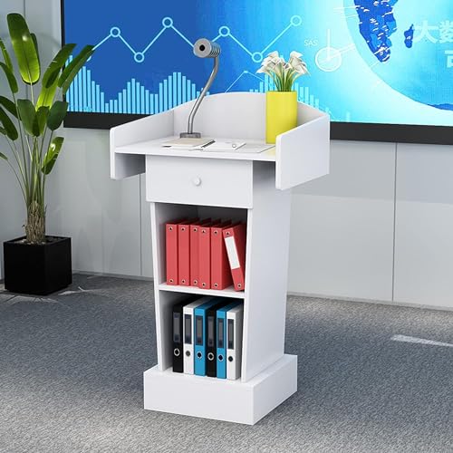 Floor Standing Metal Podium,Lecture Pulpit,Lectern Podium Stand, Podium Stand Simple Lecterns Density Board Laptop Desk Podium Stand with Open Storage Podiums Spacious Dr - color: White