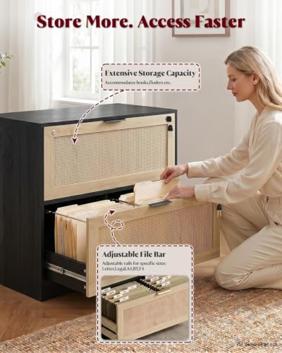 HOPUBUY 2 Drawer File Cabinet with Lock, Printer Stand Lateral | Home Office and School, Wood Rattan Filing Cabinet for Hanging Files/Letter/Legal/A4/F4 Size, Black, 2Drawer, Set1 - color: Black, size: Set1