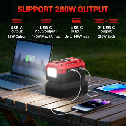 140W Fast Bidirectional Charger Compatible with Craftsman 20V Battery | Dual USB-C 140W Output, Single USB-A 18W Output, Maximum Output of 280W, 700LM LED Work Light & LED Display (No Battery) - color: crimson