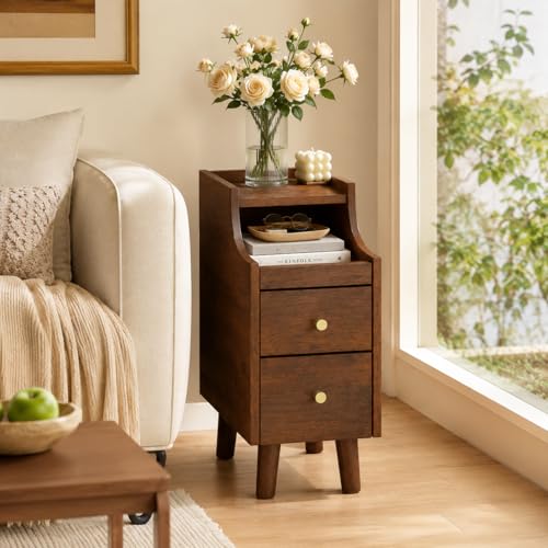POWERSTONE Narrow Nightstand with 2 Drawers Set of 2, Solid Wood Bedside Table with Pull Out Tray & Cable Hole & Slots, Slim End Side Table for Small Spaces Bedroom, Living Room, Brown - color: Brown