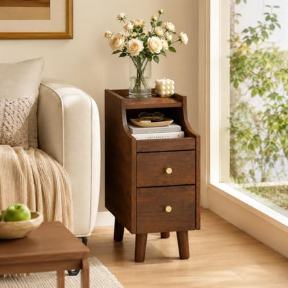 POWERSTONE Narrow Nightstand with 2 Drawers Set of 2, Solid Wood Bedside Table with Pull Out Tray & Cable Hole & Slots, Slim End Side Table for Small Spaces Bedroom, Living Room, Brown - color: Brown