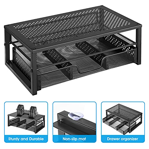 Simple Trending Metal Monitor Stand Riser and Computer Desk Organizer with Drawer for Laptop, Computer, iMac, Black | 16"W x 10"D x 6.25"H. Sturdy Metal Frame. 2-tier + drawer. Holds 66 lbs. Anti-slip. Fits laptop, monitor, iMac. Easy assembly