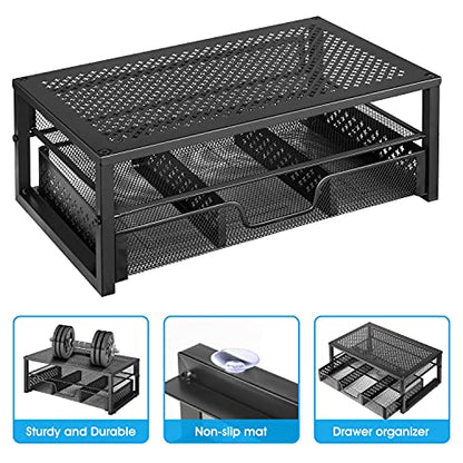 Simple Trending Metal Monitor Stand Riser and Computer Desk Organizer with Drawer for Laptop, Computer, iMac, Black | 16"W x 10"D x 6.25"H. Sturdy Metal Frame. 2-tier + drawer. Holds 66 lbs. Anti-slip. Fits laptop, monitor, iMac. Easy assembly