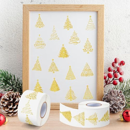 Foil Christmas Tree Stickers - 1000 Pcs Easy Peel Metallic Tree Waterproof Vinyl Reusable Laptop Self Adhesive Stickers Classroom Prizes Water Bottle Page Activity Pad Party Favors Skateboard - style: Gold Christmas Tree
