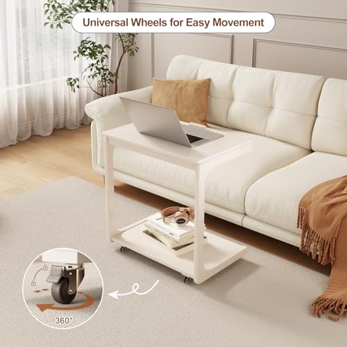 AQIMUELE Wooden C-Shaped End Table,Couch Table with Adjustable Desktop,Small Rolling Side Table with 2 Lockable Wheels 23.6" Width,Small End Table for Couch, Living Room,Bedroom (White) - color: White, size: 15.6"D x 23.6"W x 24.8"H, style: Modern 2 Tier