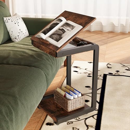 Rolling TV Tray Table with Storage,C Table with Drawer for Couch | Rolling Side Table with Storage，TV Tray Table on wheels with Tiltable Desktop for Couch，Sofa Laptop，Living Room，Bedroom