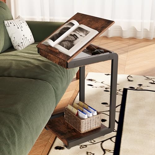 Rolling TV Tray Table with Storage,C Table with Drawer for Couch | Rolling Side Table with Storage，TV Tray Table on wheels with Tiltable Desktop for Couch，Sofa Laptop，Living Room，Bedroom