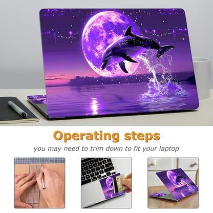 Universal Laptop Skin Sticker with 2 Wrist Pad Decals, 3-Piece Removable Vinyl Laptop Cover, Purple Dolphin Moon Waterproof Anti-Scratch, Easy-Trim Fit for 13.3" 14" 15.6" Laptops - color: Purple Dolphin Moon