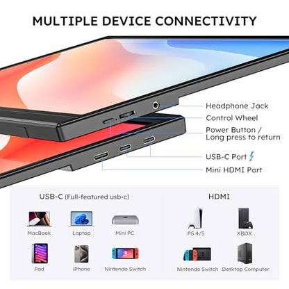 Portable Monitor for Laptop FHD 15.6" 1080P Ultra-Slim USB-C&HDMI External Second Screen for Laptop Travel Monitor Dual Speaker-Screen Extender for PC/Mac/Phone/PS4/5/Xbox/Switch-VESA*2