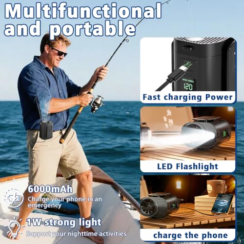 Portable Fan,120-Speed Adjustable Waist Clip Fan Turbo Cooling, Rechargeable Clip-On Personal Fan with LED flashlight,for Outdoor,Travel,Camping - color: Black