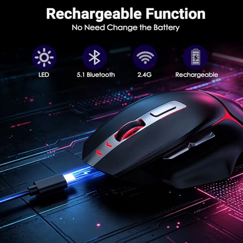 JOYACCESS Wireless Bluetooth Mouse, Rechargeable Wireless Mouse with LED, Three Mode Bluetooth, 2.4G & Wired, Silent, Wireless Ergonomic Mouse for Laptop, PC, MacBook, iPad, Tablet (Black) - color: Black