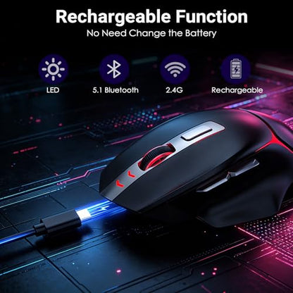 JOYACCESS Wireless Bluetooth Mouse, Rechargeable Wireless Mouse with LED, Three Mode Bluetooth, 2.4G & Wired, Silent, Wireless Ergonomic Mouse for Laptop, PC, MacBook, iPad, Tablet (Black) - color: Black