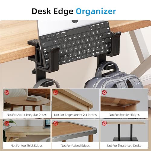 AFOOYO 2 Slot Vertical Laptop Stand, Desk Side Storage Organizer,No Drill Laptop Holder with Headphone Holder Compatible with 10-17” Laptops, Fits Flat Edge Tables 0.3" to 1.7"
