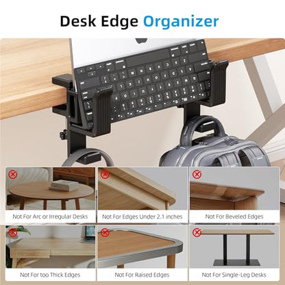 AFOOYO 2 Slot Vertical Laptop Stand, Desk Side Storage Organizer,No Drill Laptop Holder with Headphone Holder Compatible with 10-17” Laptops, Fits Flat Edge Tables 0.3" to 1.7"