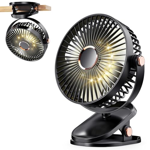 iNeibo 4000mAh Portable Clip on Fan with LED Lights, Battery Operated USB Desk Fan,4 Speed Quiet Rechargeable Mini Table Fan, 360° Rotate Personal Cooling Fan for Home Office Stroller Camping (Black) - color: Black