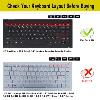 2 PCS Keyboard Cover for HP Laptop 14 & HP Pavilion x360 14m-dw 14m-dy 14-dv, HP 14m-dw1010wm dw1023dx dw1033dx 14m-dy0033dx 14m-dy0023dx 14m-dy0013dx 14m-dw1013dx dw0023dx dw0033dx - color: Black+Clear
