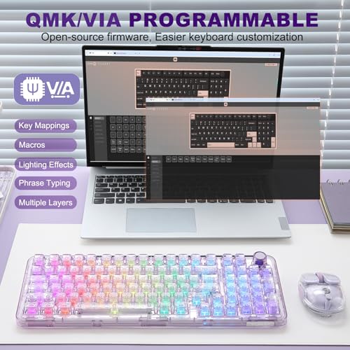 YUNZII X98 QMK/VIA Wireless Mechanical Gaming Keyboard with Knob,Tri-Mode BT5.0/USB-C/2.4GHz Hot Swappable Keyboard,Pre-lubed Switches Gasket Mount RGB Backlit for Wins/Mac (Purple, Snow Switch) - color: Purple, size: Snow Switch