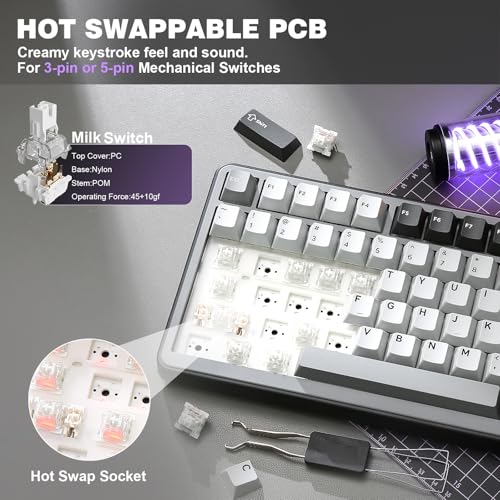 YUNZII B75 PRO Wireless Mechanical Gaming Keyboard | Custom 75% Layout with Knob,Gasket Mount,Hot Swap,Creamy Pre-lubed Switch,BT/USB-C/2.4G (Dark Grey, Milk Switch) - color: Dark Grey, size: Milk Switch