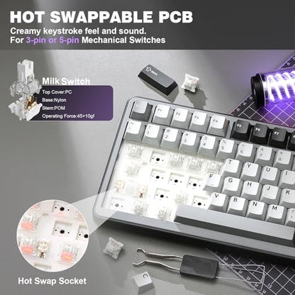 YUNZII B75 PRO Wireless Mechanical Gaming Keyboard | Custom 75% Layout with Knob,Gasket Mount,Hot Swap,Creamy Pre-lubed Switch,BT/USB-C/2.4G (Dark Grey, Milk Switch) - color: Dark Grey, size: Milk Switch
