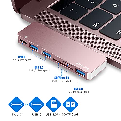 USB C Hub Adapter for MacBook Pro/Air 2020 2019 2018, 6 in 1 USB-C Accessories Compatible with MacBook Pro 13″ and 15″ with 3 USB 3.0 Ports, TF/SD Card Reader, Power Delivery (Pink)