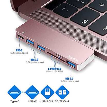 USB C Hub Adapter for MacBook Pro/Air 2020 2019 2018, 6 in 1 USB-C Accessories Compatible with MacBook Pro 13″ and 15″ with 3 USB 3.0 Ports, TF/SD Card Reader, Power Delivery (Pink)