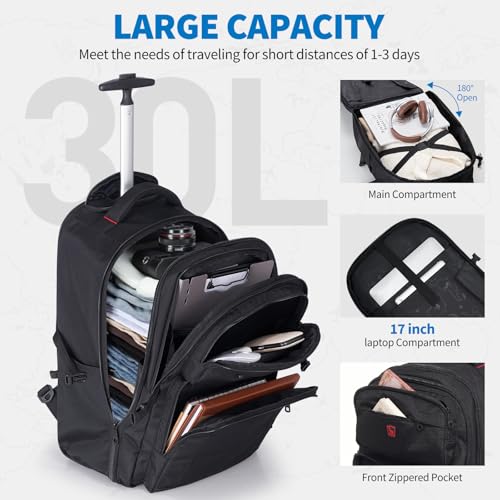 Rolling Backpack, Travel Backpack with Wheels, 17 Inch Laptop Roller Backpacks, Business Wheeled Backpacks for Women Men