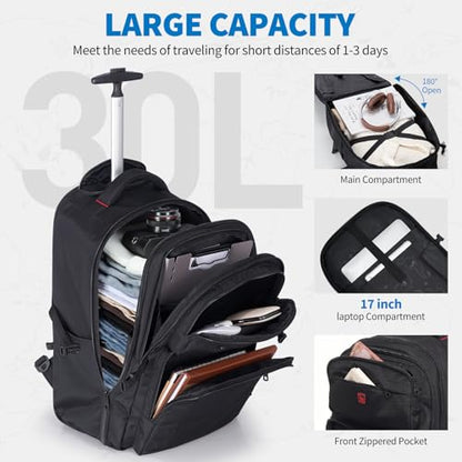 Rolling Backpack, Travel Backpack with Wheels, 17 Inch Laptop Roller Backpacks, Business Wheeled Backpacks for Women Men