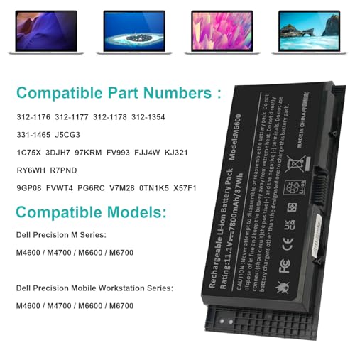 Fancy Buying FV993 M4800 M6800 Laptop Battery for Dell Precision M4600 M4700 M6700 M6600 Series,Fits RY6WH FJJ4W KJ321 PG6RC V7M28 R7PND 0TN1K5 7DWMT JHYP2 K4RDX Laptop [11.1V /7800mAh/89Wh] - size: 8.07*2.05*0.83inch M6600