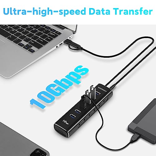 8-Port Powered USB 3.2 Hub 10Gbps with SD/TF Reader, RSH-A107D | USB Splitter with 6 USB-A 3.2 Gen 2 Data Ports, SD/TF Card Reader, 3.3ft USB Cable and 12V/2A Power Adapter for Laptop PC