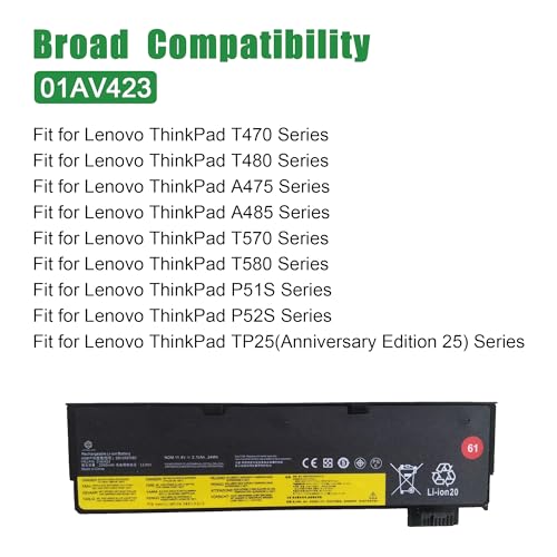 01AV423 SB10K97580 Laptop Battery Replacement for Lenovo ThinkPad T470 T480 A475 A485 T570 T580 P51S P52S TP25 Series 61 4X50M08810 01AV422 SB10K97579 01AV424 01AV452 01AV490 11.4V 24Wh - size: 9.9*3.5*1.5inch 01AV423