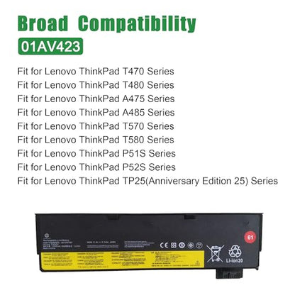 01AV423 SB10K97580 Laptop Battery Replacement for Lenovo ThinkPad T470 T480 A475 A485 T570 T580 P51S P52S TP25 Series 61 4X50M08810 01AV422 SB10K97579 01AV424 01AV452 01AV490 11.4V 24Wh - size: 9.9*3.5*1.5inch 01AV423