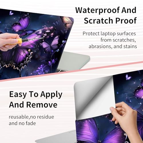 15.6 Inch Laptop Skin Sticker, Reusable Vinyl Cover Protector with 2 Wrist Pad Skins, Removable Waterproof Scratch-Resistant for 12-15.6 Inch Laptop Notebook,Purple Butterfly with Glittering - color: Purple Butterfly With Glittering