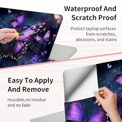 15.6 Inch Laptop Skin Sticker, Reusable Vinyl Cover Protector with 2 Wrist Pad Skins, Removable Waterproof Scratch-Resistant for 12-15.6 Inch Laptop Notebook,Purple Butterfly with Glittering - color: Purple Butterfly With Glittering