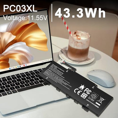 PC03XL Battery for HP Pavilion X360 14 15 14-DY 14-DH 14M-DY 14-BA 14-CD 14-EK 14-DW 15-ER Pavilion Aero 13-be Pavilion x360 Convertible 14-DY, HSTNN-OB1W M24421-271 M24421-AC1 PC03043XL M24648-005 - size: 9.5*3.2*0.2inch PC03XL