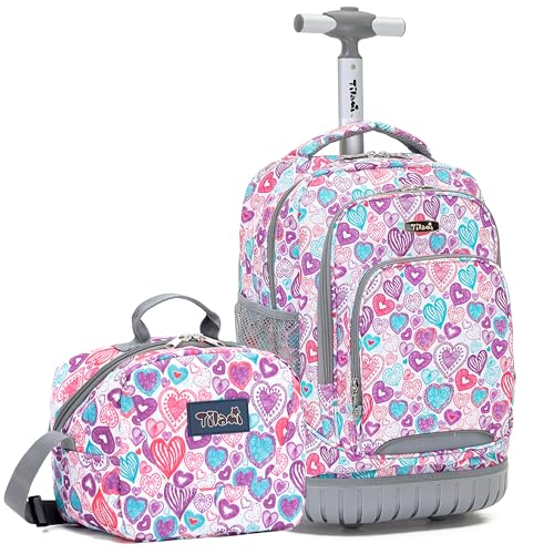 NEW TILAMI Rolling Backpack for Kids 18 Inch Wheeled Laptop Backpack Kids School Travel - color: Pink Love