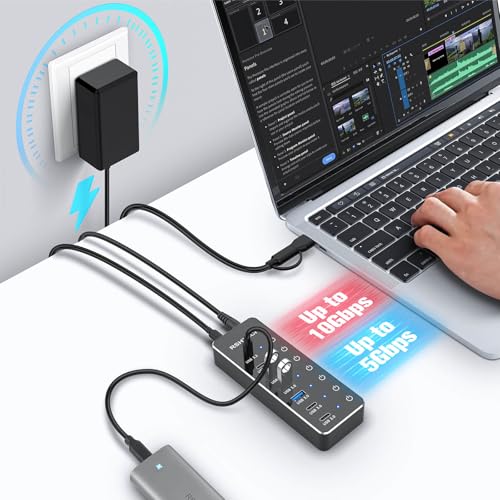 RSHTECH 7-Port Powered USB-C/USB 3.2 Data Hub Splitter, RSH-ST07C-4 | with 3 x 10Gbps USB-3.2(2C + 1A),4 USB-3.0 Ports(2C + 2A), 3.3ft USB-A/USB-C Cable, Touch Switches, and 5V Power Adapter