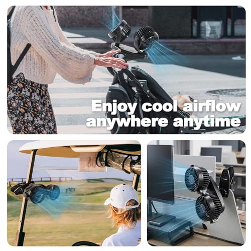6000mAh Battery Powered Clip Car Fans, 3-Speed Dual Head Clip Car Cooling Fan for Backseat, Independent Switches, 360° Quiet Rotatable Rechargeable Fans with USB Plug for SUV Truck Golf Stroller