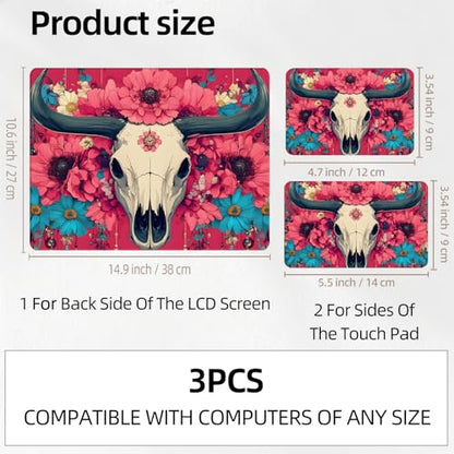 Gothic Bull Skull Dark Rose Universal Laptop Skin Sticker 3PCS, Protective Decal Trim-to-Fit 11.6" 13.3" 14" 15.6" Laptop Vinyl Cover, Removable Anti-Scratch Computer Decal Protector - color: Gothic Bull Skull Dark Rose