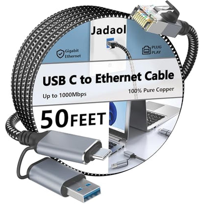 Jadaol USB-C/USB-A to Ethernet Cable 50 ft, Built-in USB-A Adapter, Up to 1Gbps Gigabit RJ45 LAN, Plug & Play for Most Systems, USB 3.0, Nylon Braided, Compatible with Thunderbolt 3/4 Device - size: 50ft